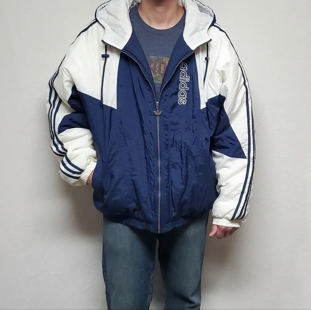 VINTAGE 90s Adidas Blue White Trefoil Logo Insulated Puffer Jacket Parka XL